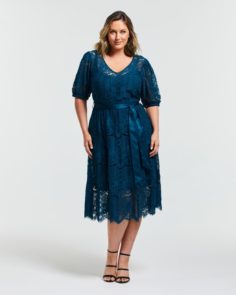 Front of a model wearing a size 1X Lakeside Dress in Teal by Estelle. | dia_product_style_image_id:256541